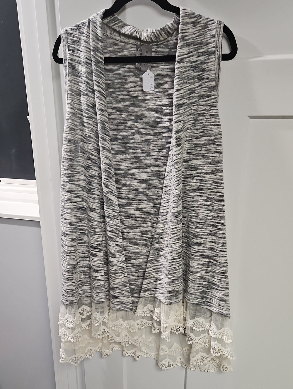new directions Gray Marled Sleeveless Open-Front Vest with Lace Trim